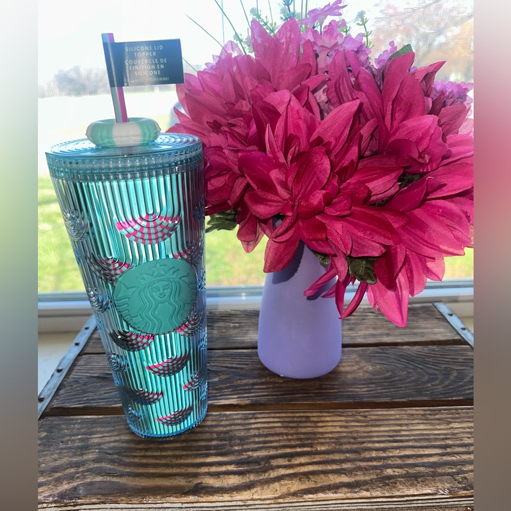 2025 STARBUCKS SHELLS/SCALES BLUE & PINK 24oz TUMBLER LIFE PRESERVER LID TOPPER - Picture 5 of 9